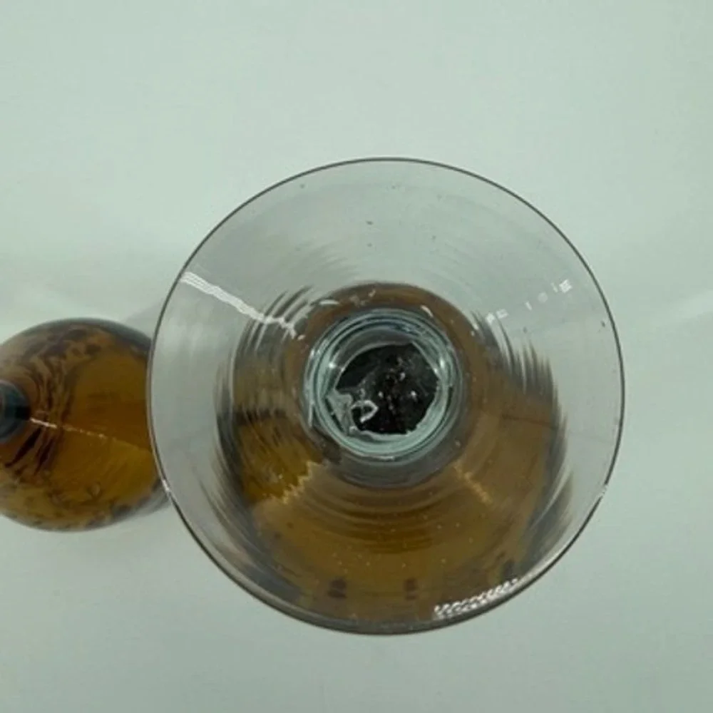 Set of 2 Amber Tortoise Shell Hand Blown Glass Wine Goblets Leopard Spotted 7.5